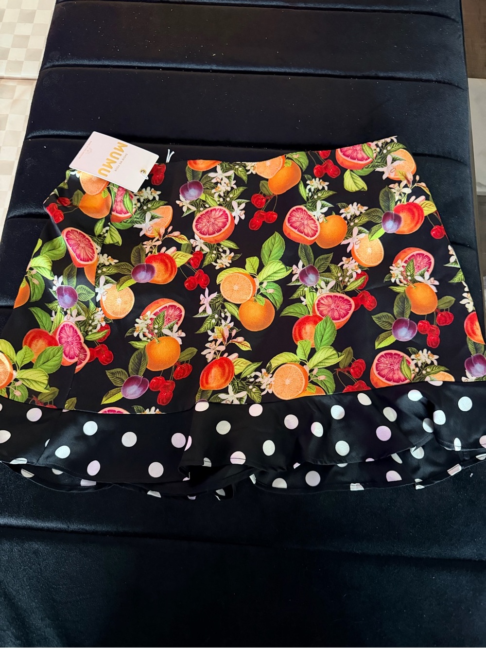 Show me your MUMU Black Fruit-Print Mini Skirt with Polka Dot Ruffle